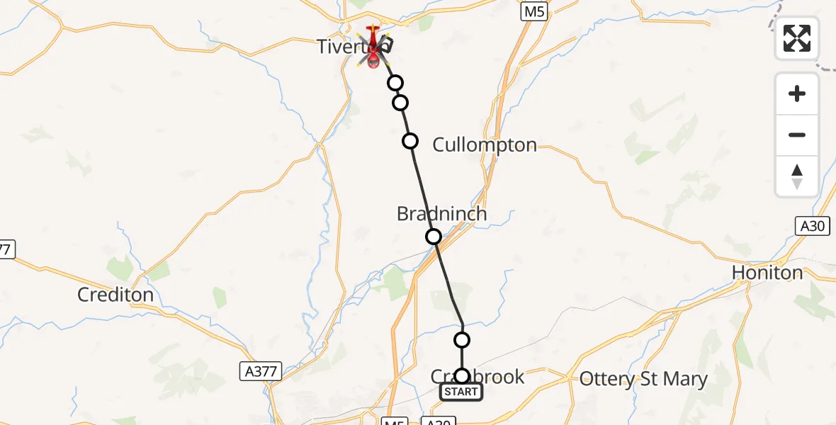 Flight route Air Ambulance Helicopter Clyst Honiton - Tiverton, 26 August 2026, 14:21