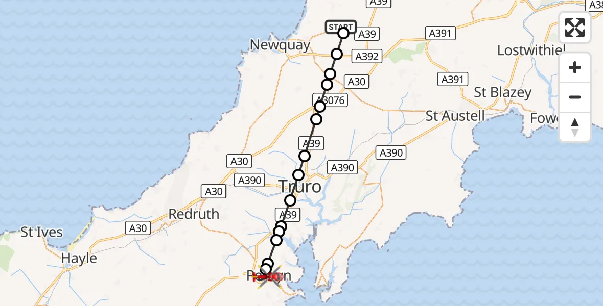 Flight route Air Ambulance Helicopter Cornwall Airport Newquay - Penryn, 26 August 2026, 14:33