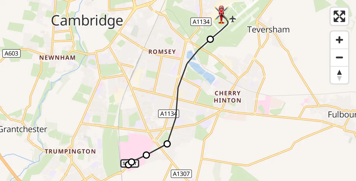 Flight route Air Ambulance Helicopter Papworth Hospital - Cambridge City Airport, 26 August 2026, 14:41