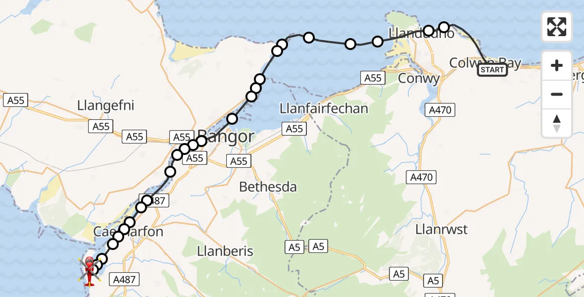 Flight route Air Ambulance Helicopter Colwyn Bay - Caernarfon Airport, 26 August 2026, 14:42