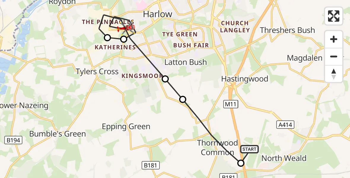 Flight route Air Ambulance Helicopter North Weald Airfield - Harlow, 26 August 2026, 14:59