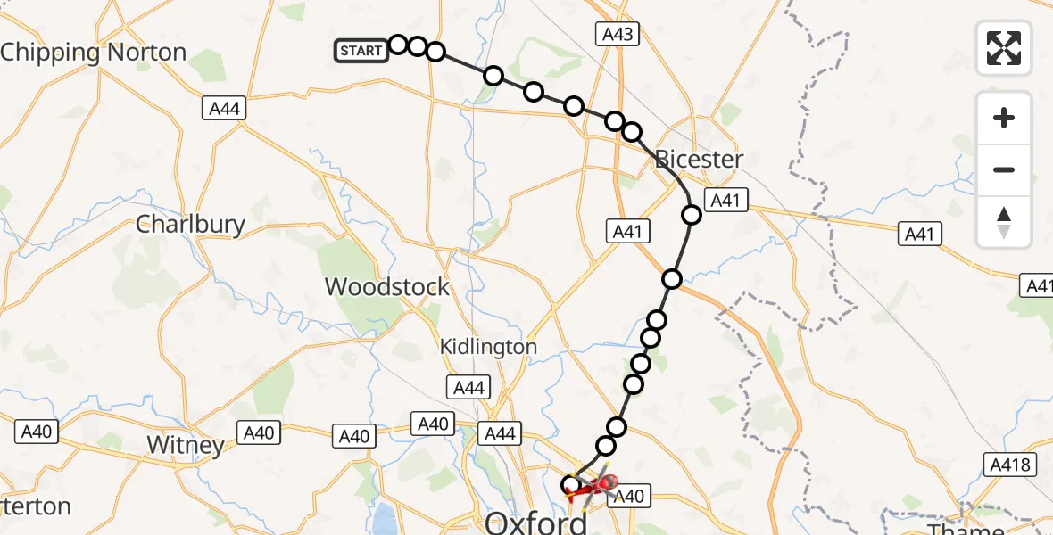 Flight route Air Ambulance Helicopter Middle Barton - Oxford, 26 August 2026, 15:01