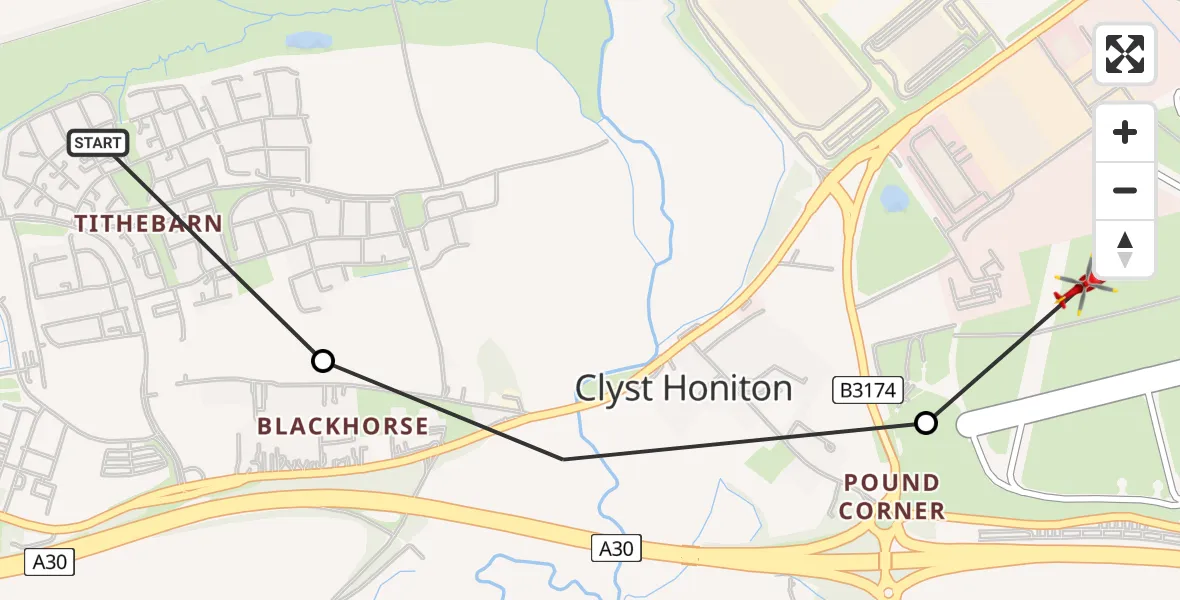 Flight route Air Ambulance Helicopter West Clyst - Exeter International Airport, 26 August 2026, 15:11