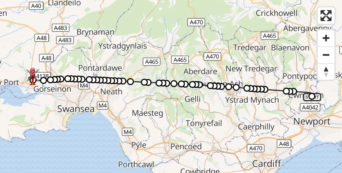 Flight route Air Ambulance Helicopter Grange University Hospital Heliport - Dafen, 26 August 2026, 15:14