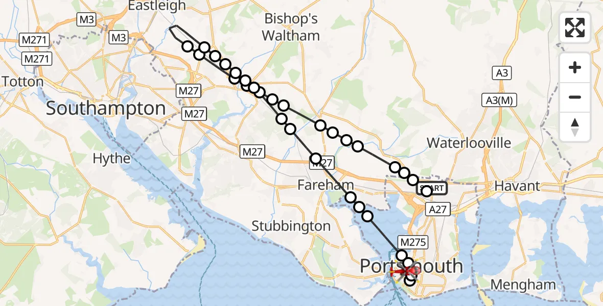 Flight route Air Ambulance Helicopter Queen Alexandra Hospital - Old Portsmouth, 26 August 2026, 15:17