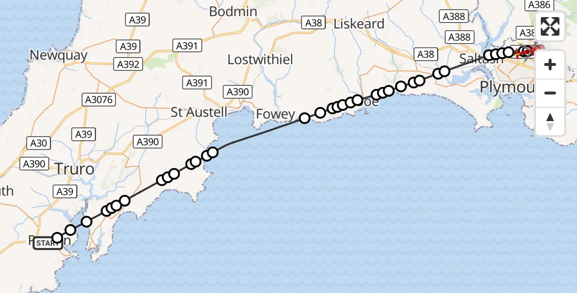 Flight route Air Ambulance Helicopter Penryn - Derriford Hospital, 26 August 2026, 15:34