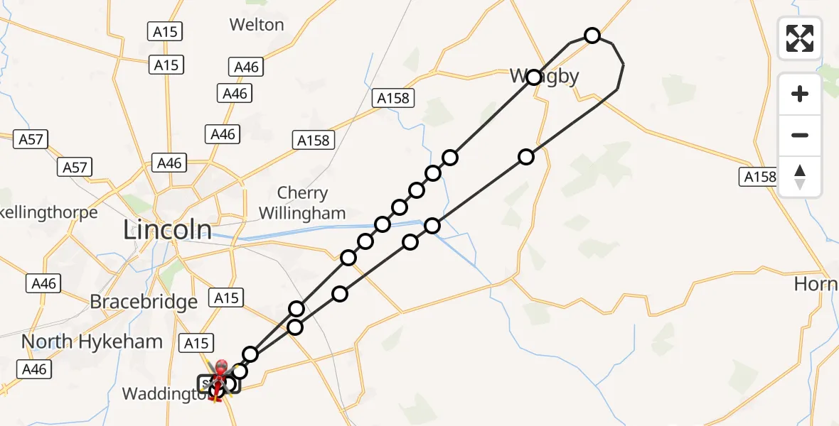 Flight route Air Ambulance Helicopter RAF Waddington - North Kesteven, 26 August 2026, 15:36