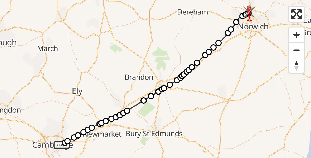 Flight route Air Ambulance Helicopter Cambridge City Airport - Norwich Airport, 26 August 2026, 15:41