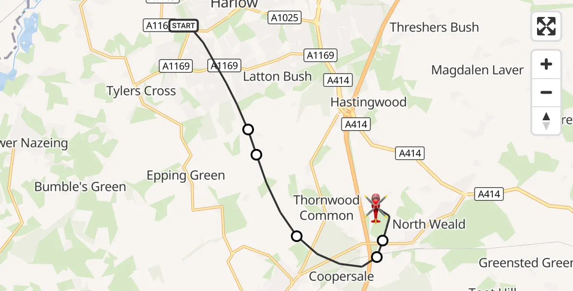 Flight route Air Ambulance Helicopter Harlow - North Weald Airfield, 26 August 2026, 15:58
