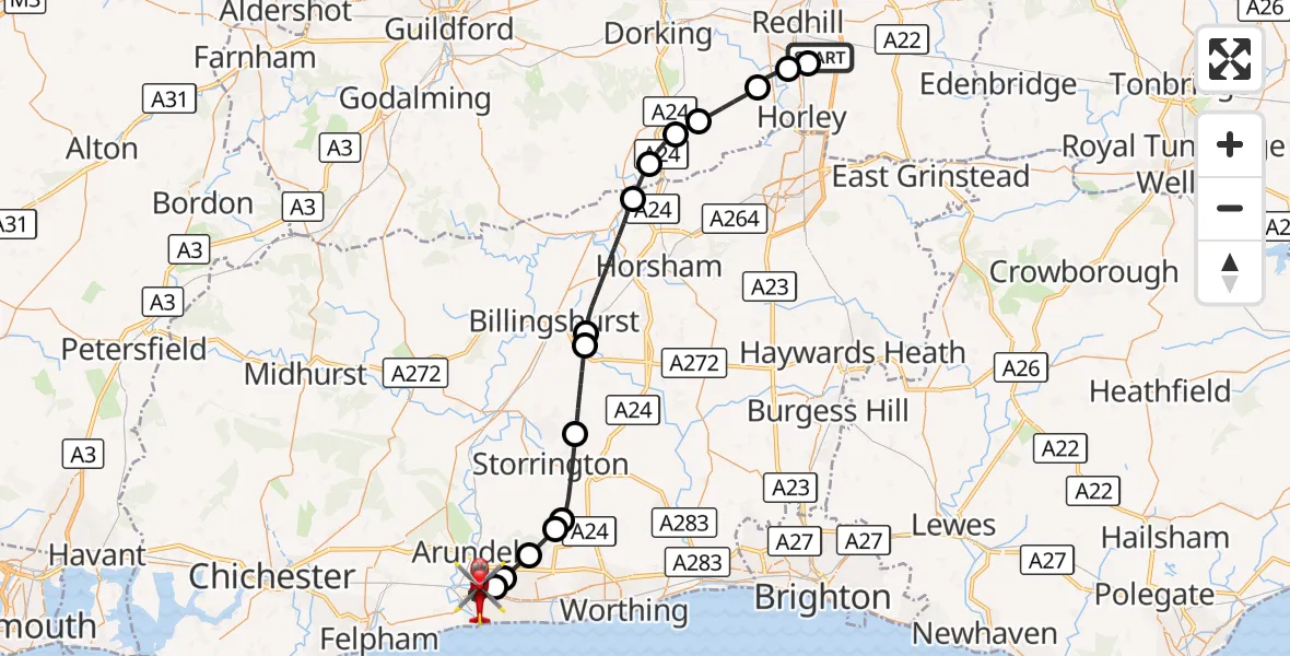 Flight route Air Ambulance Helicopter Redhill Aerodrome - Littlehampton, 26 August 2026, 16:06