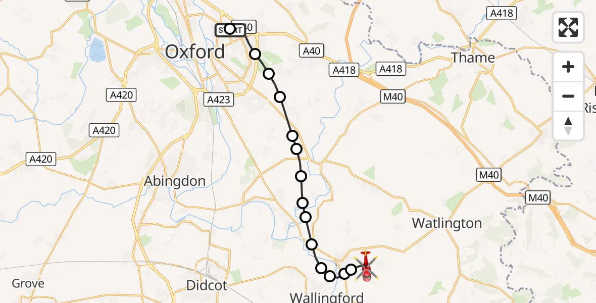 Flight route Air Ambulance Helicopter John Radcliffe Hospital - RAF Benson, 26 August 2026, 16:11