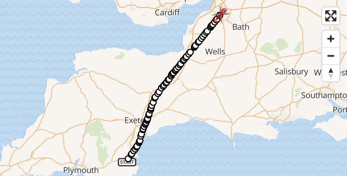 Flight route Air Ambulance Helicopter Torbay - Bristol Royal Infirmary, 26 August 2026, 16:15
