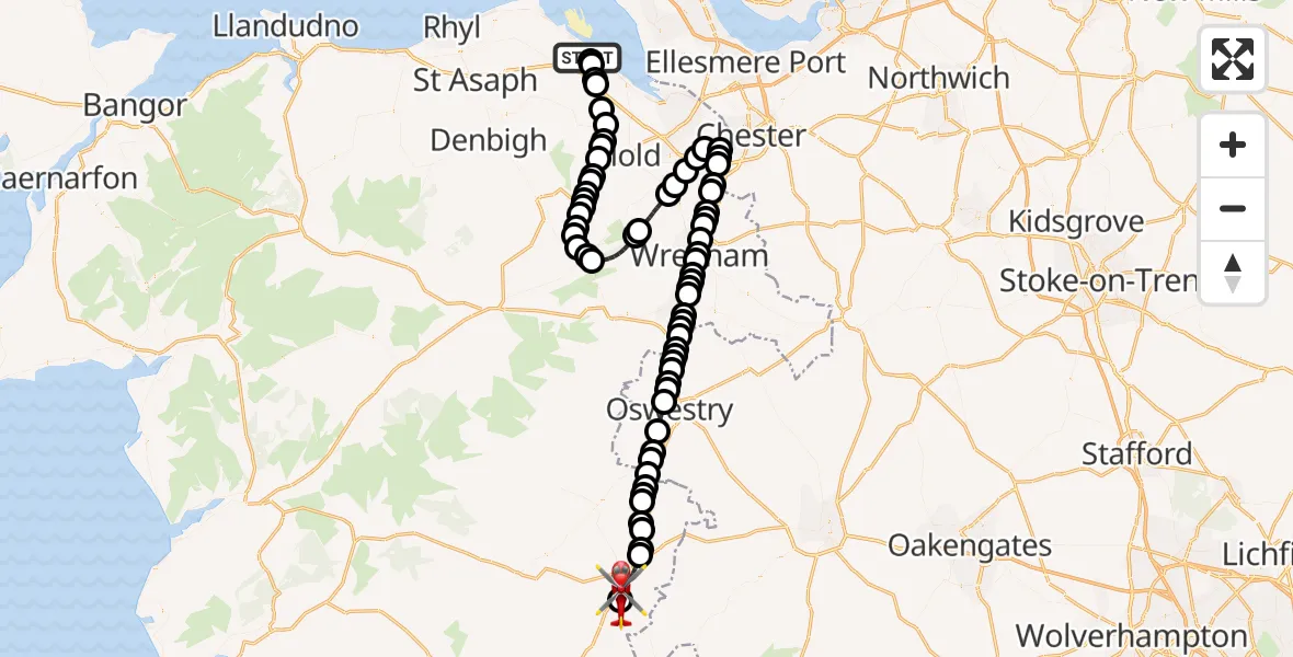 Flight route Air Ambulance Helicopter Bryn Celyn - Welshpool Airport, 26 August 2026, 16:15