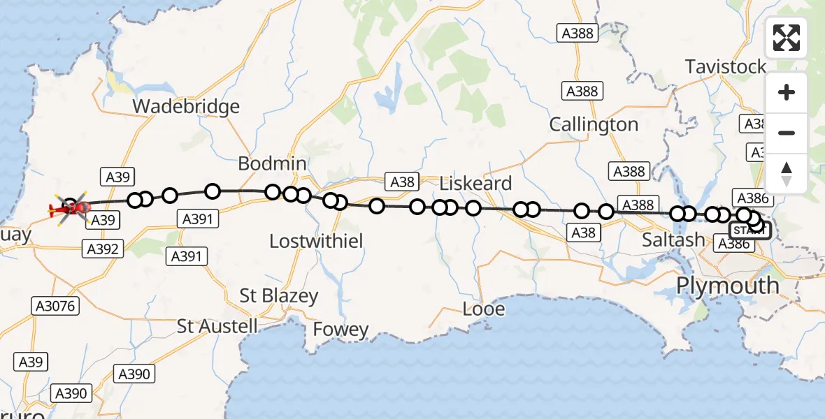 Flight route Air Ambulance Helicopter Derriford Hospital - Cornwall Airport Newquay, 26 August 2026, 16:16