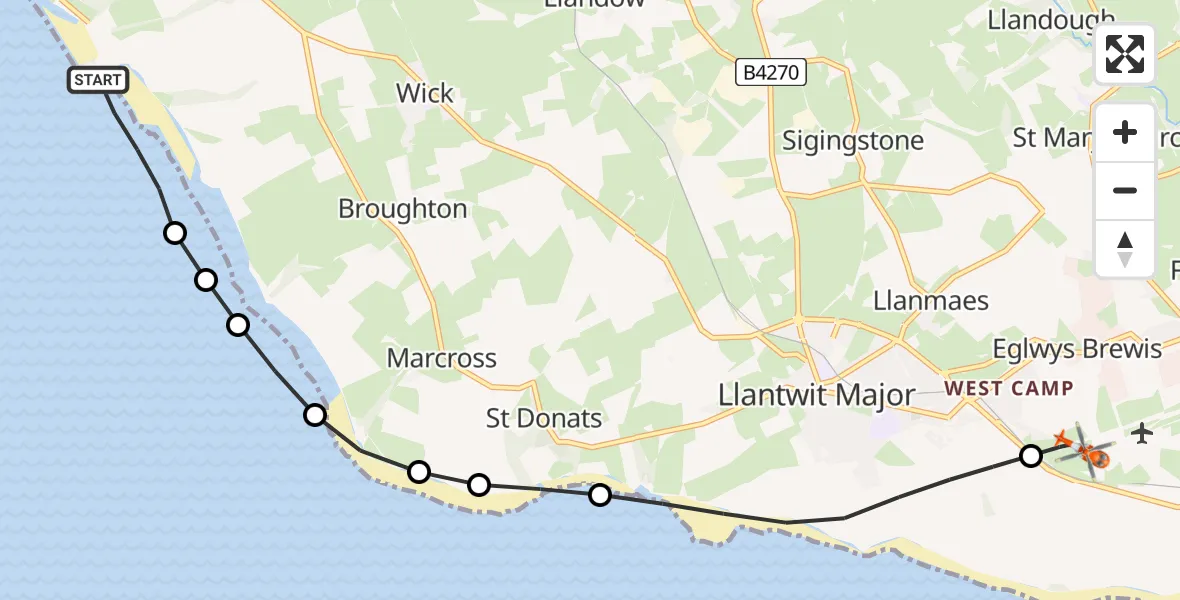 Flight route Coastguard Helicopter Southerndown - MOD St Athan, 26 August 2026, 16:17