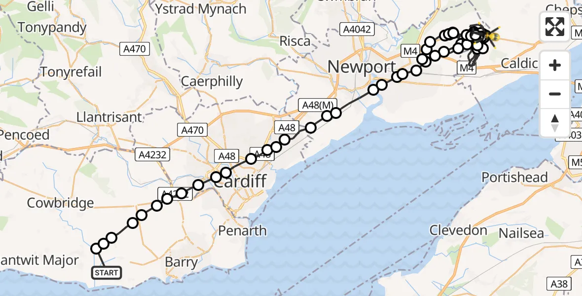 Flight route Police Helicopter East Aberthaw - Llanvaches, 26 August 2026, 16:19