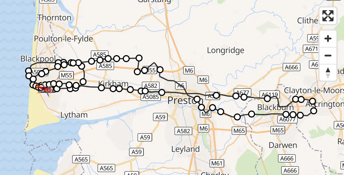 Flight route Air Ambulance Helicopter Blackpool Airport - Blackpool Airport, 26 August 2026, 16:21
