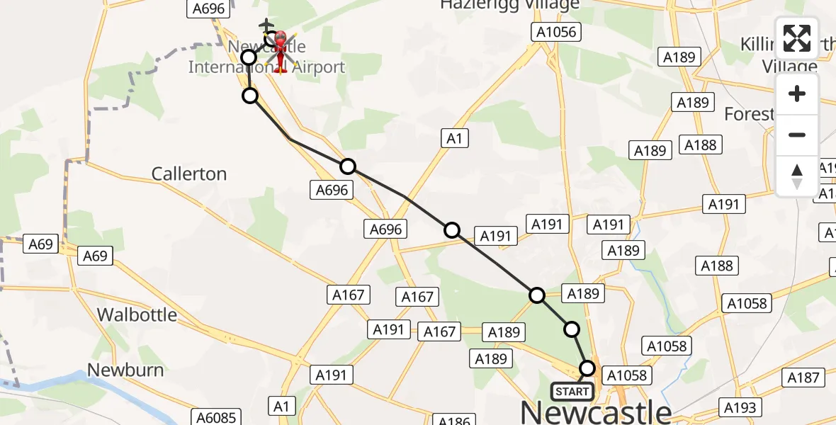 Flight route Air Ambulance Helicopter Newcastle Royal Victoria Infirmary - Newcastle International Airport, 26 August 2026, 16:23