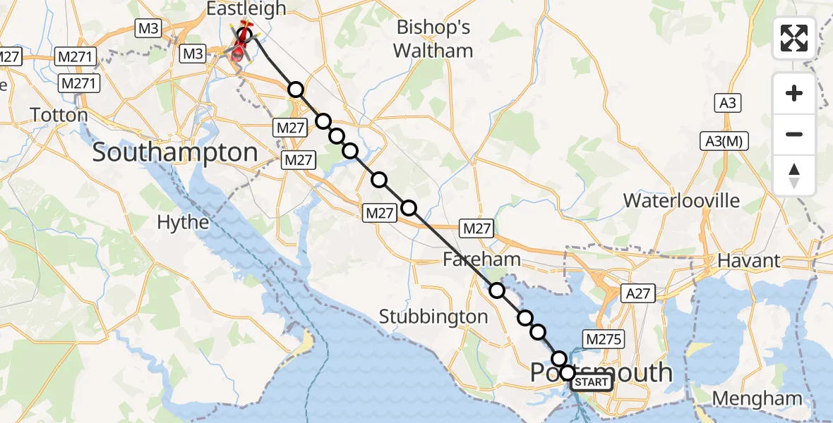 Flight route Air Ambulance Helicopter Old Portsmouth - Southampton Airport, 26 August 2026, 16:31