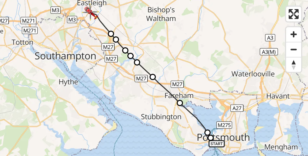 Flight route Air Ambulance Helicopter Old Portsmouth - Southampton Airport, 26 August 2026, 16:31