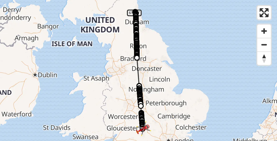 Flight route Air Ambulance Helicopter Newcastle International Airport - London Oxford Airport, 26 August 2026, 16:37