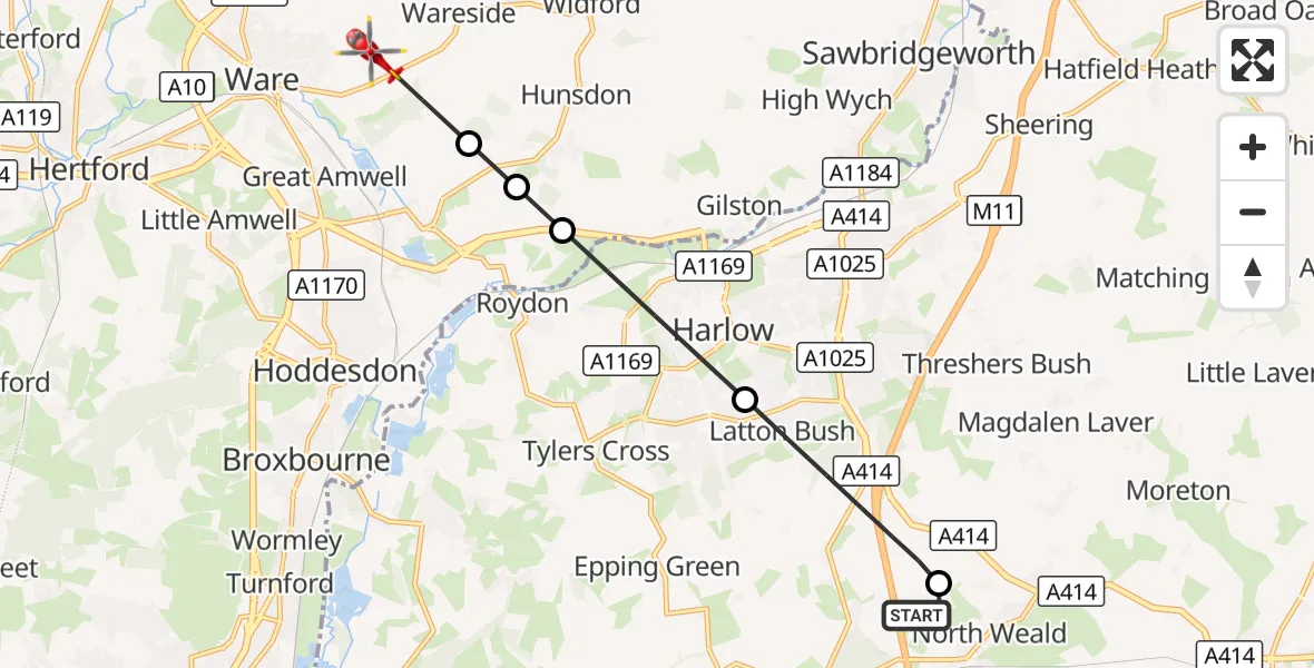 Flight route Air Ambulance Helicopter North Weald Airfield - East Hertfordshire, 26 August 2026, 17:15