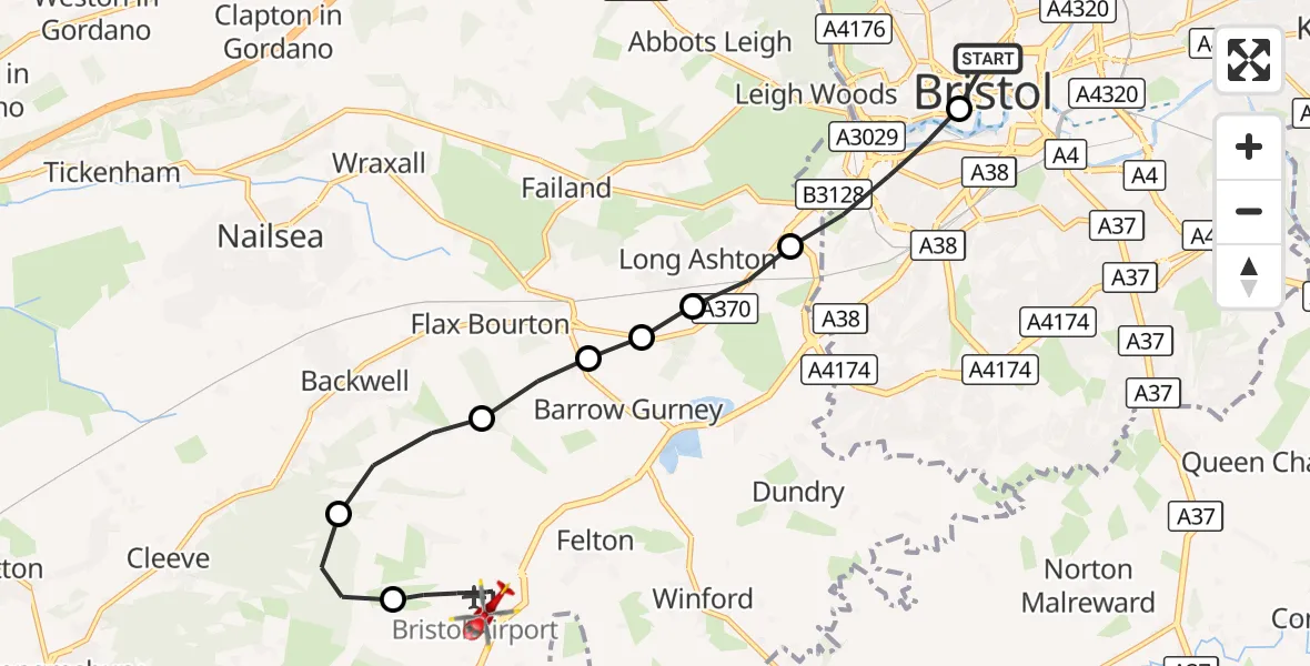 Flight route Air Ambulance Helicopter Bristol Royal Infirmary - Bristol Airport, 26 August 2026, 17:15