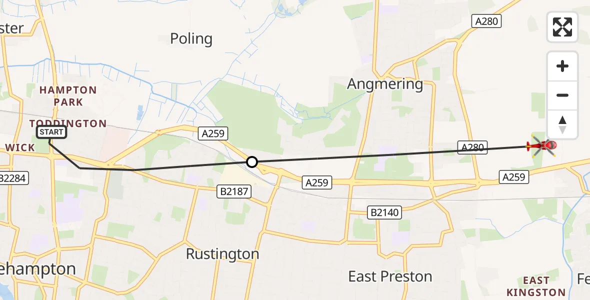 Flight route Air Ambulance Helicopter Littlehampton - Angmering, 26 August 2026, 17:19