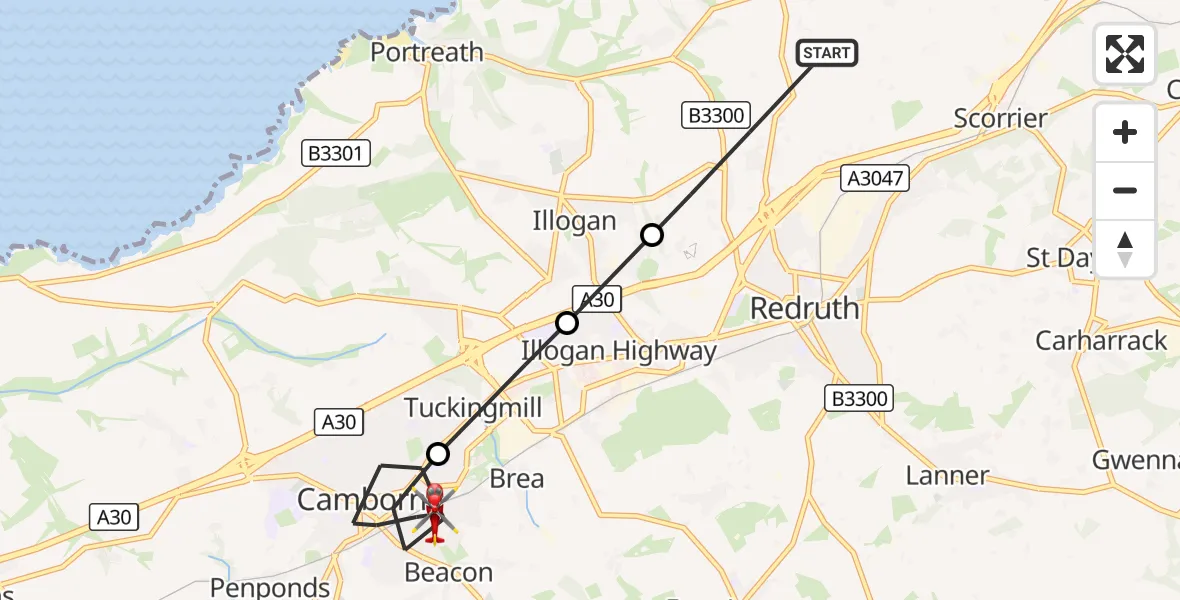 Flight route Air Ambulance Helicopter Redruth - Camborne, 26 August 2026, 18:02