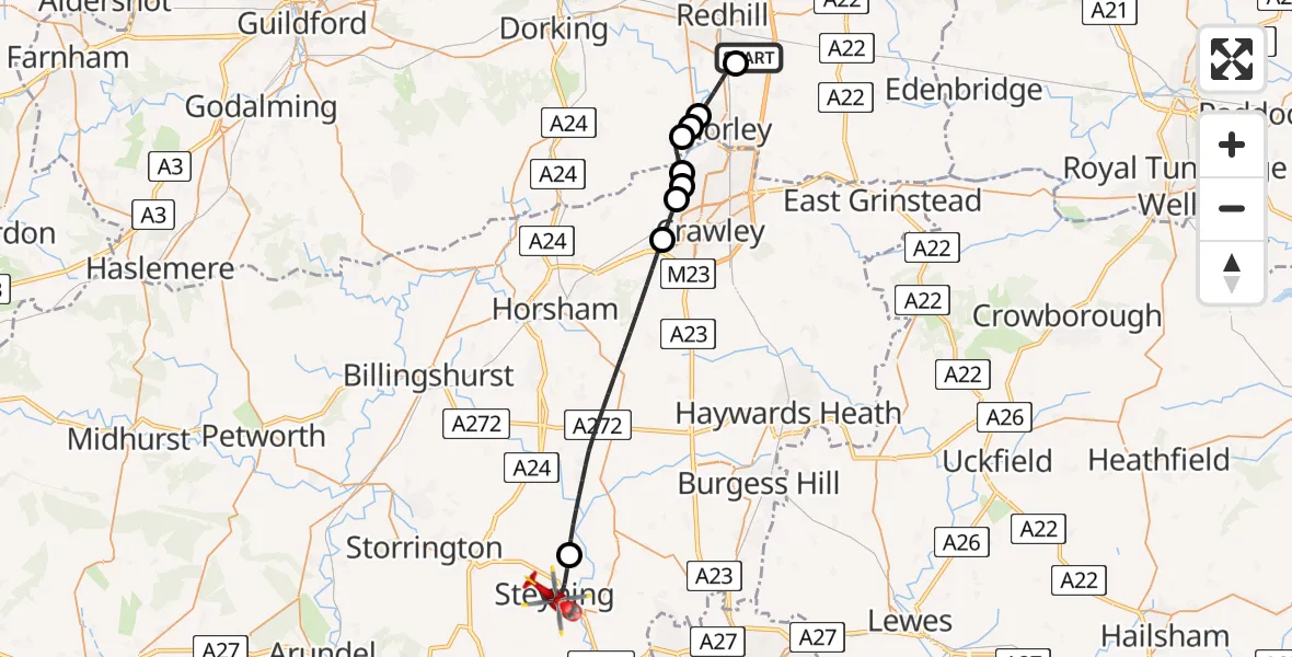 Flight route Air Ambulance Helicopter Redhill Aerodrome - Steyning, 26 August 2026, 18:18