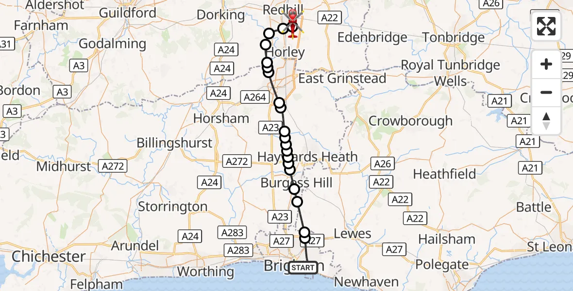 Flight route Air Ambulance Helicopter Brighton - Redhill Aerodrome, 26 August 2026, 18:18