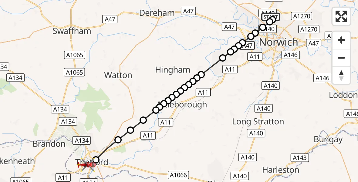 Flight route Air Ambulance Helicopter Norwich Airport - Thetford, 26 August 2026, 18:24
