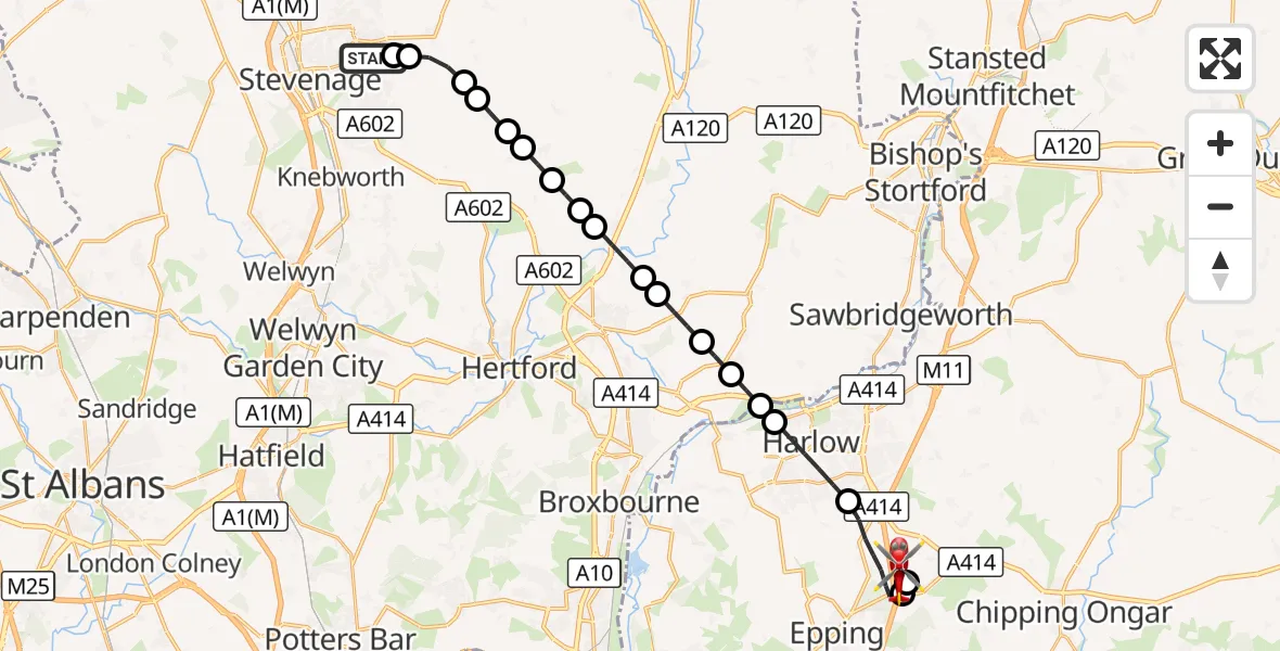 Flight route Air Ambulance Helicopter Stevenage - North Weald Airfield, 26 August 2026, 18:27