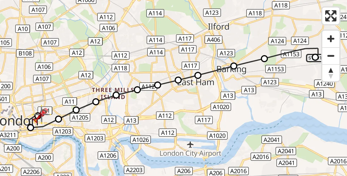 Flight route Air Ambulance Helicopter Dagenham - Royal London Hospital, 26 August 2026, 18:38