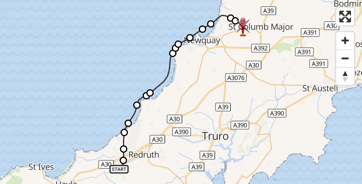 Flight route Air Ambulance Helicopter Camborne - Cornwall Airport Newquay, 26 August 2026, 18:41