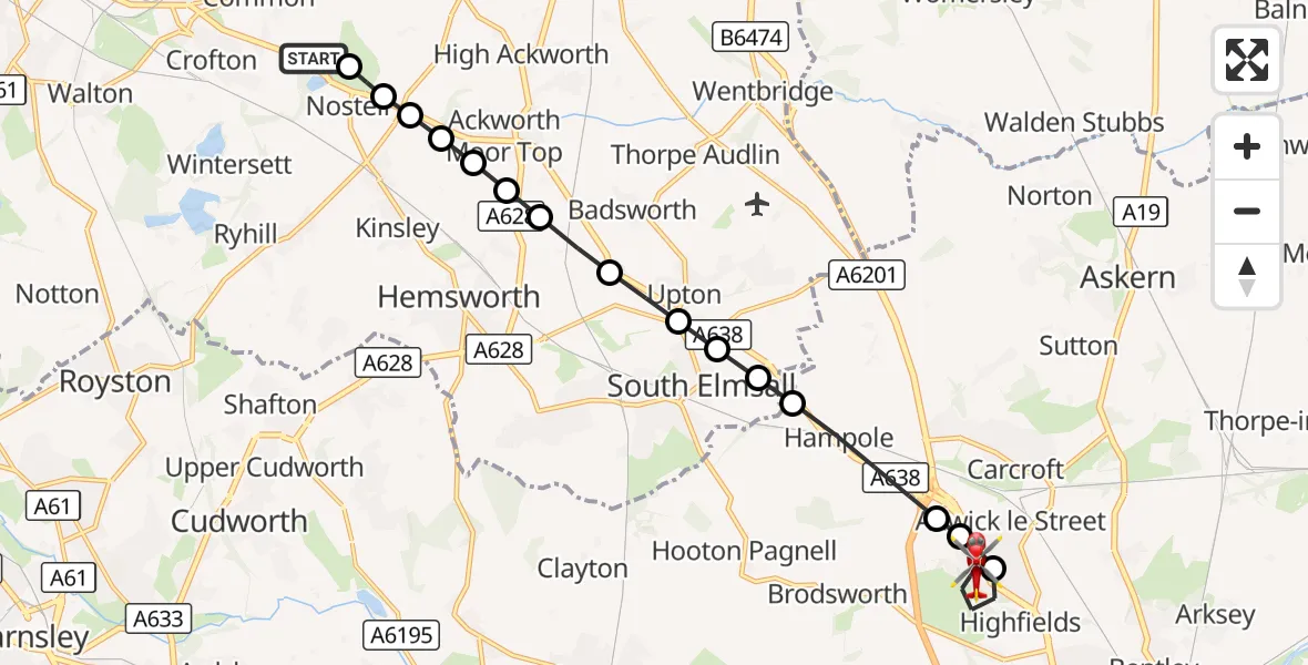 Flight route Air Ambulance Helicopter YAA Nostell Helicopter Port - Woodlands, 26 August 2026, 18:47