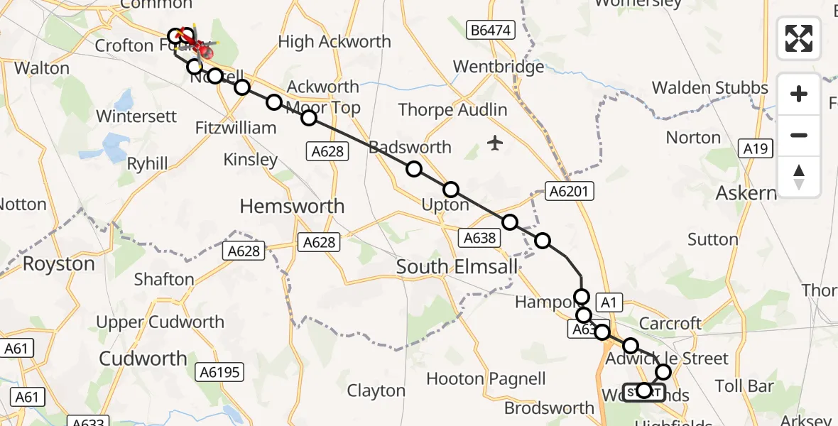 Flight route Air Ambulance Helicopter Woodlands - YAA Nostell Helicopter Port, 26 August 2026, 19:05