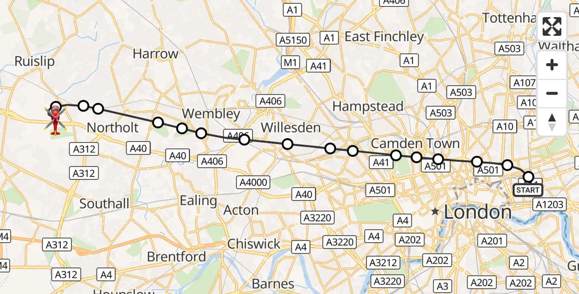 Flight route Air Ambulance Helicopter Royal London Hospital - RAF Northolt, 26 August 2026, 19:07