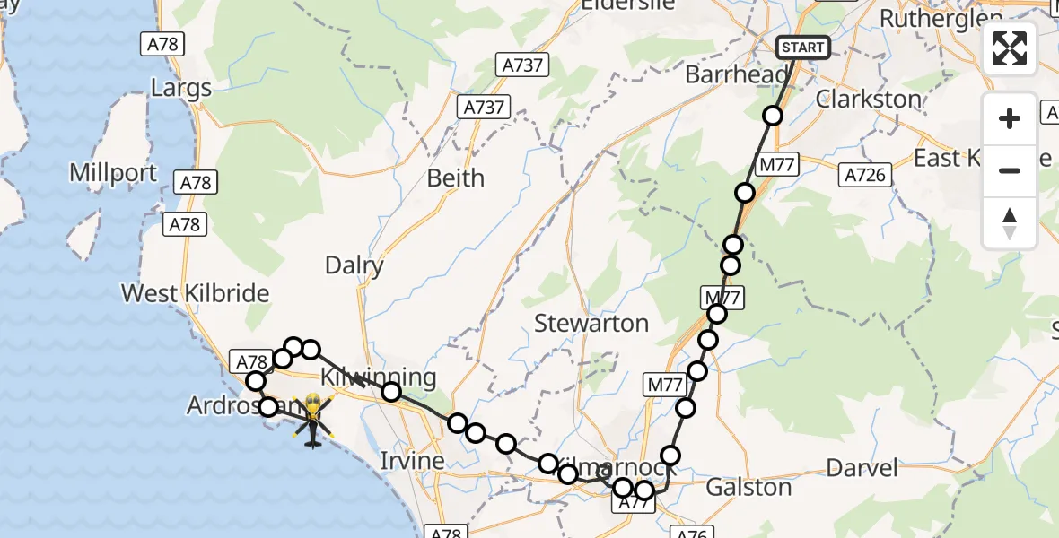 Flight route Police Helicopter Glasgow - Stevenston, 26 August 2026, 19:07