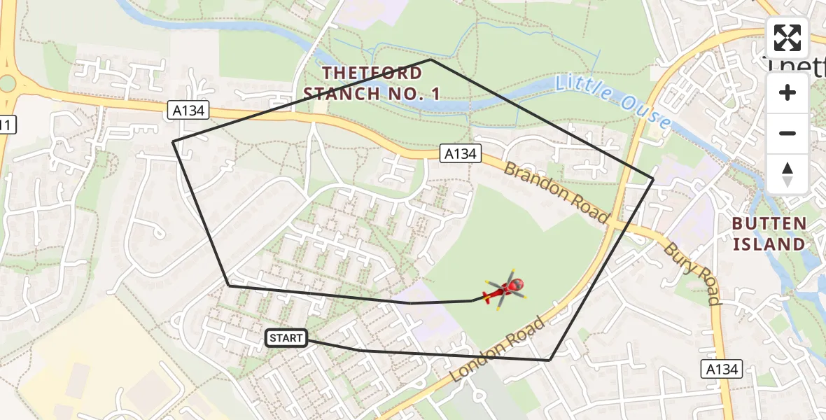 Flight route Air Ambulance Helicopter Thetford - Thetford, 26 August 2026, 19:08