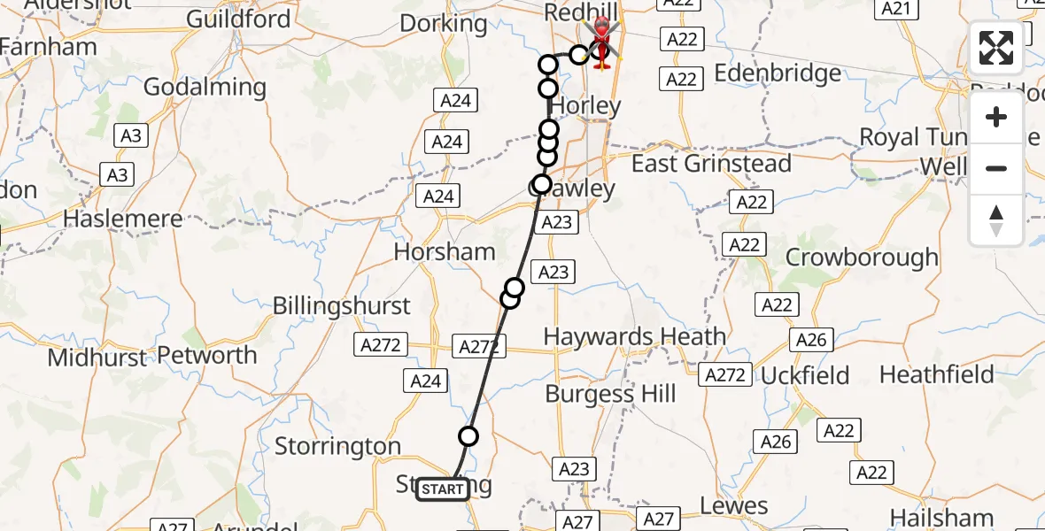 Flight route Air Ambulance Helicopter Steyning - Redhill Aerodrome, 26 August 2026, 19:16