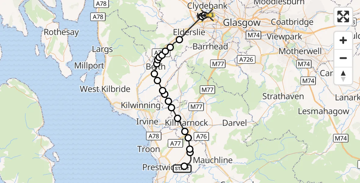 Flight route Police Helicopter Mossblown - Renfrew, 26 August 2026, 19:33