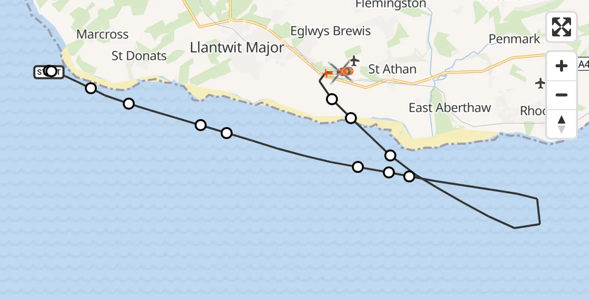 Flight route Coastguard Helicopter Marcross - MOD St Athan, 26 August 2026, 19:45