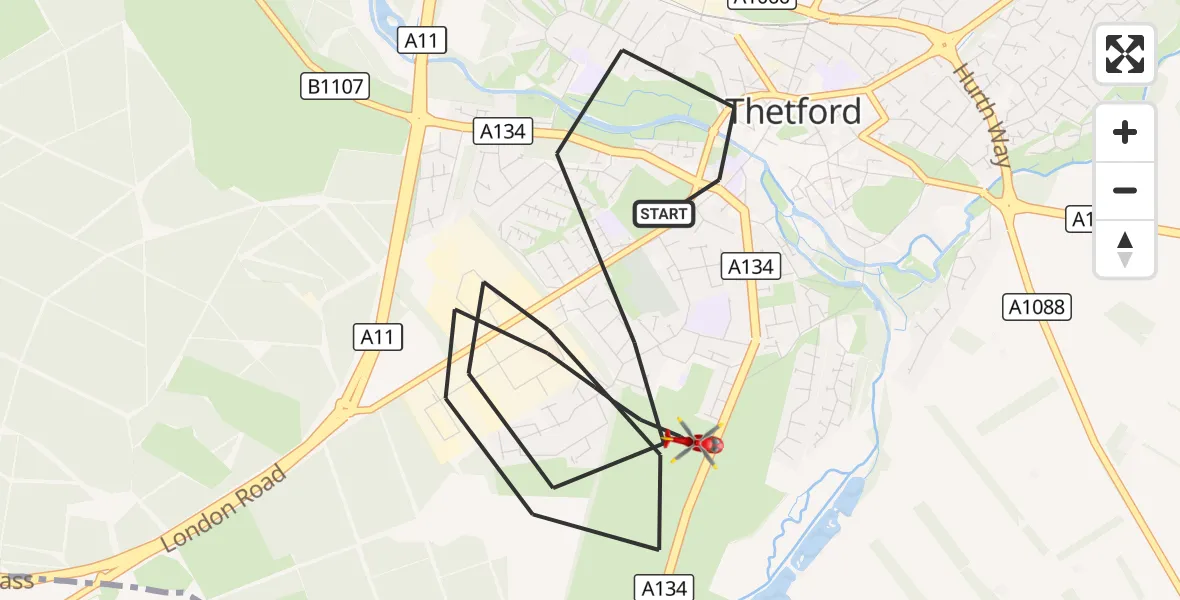 Flight route Air Ambulance Helicopter Thetford - Thetford, 26 August 2026, 19:49
