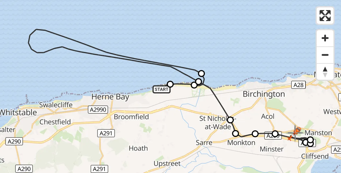 Flight route Coastguard Helicopter Hillborough - Manston Airport, 26 August 2026, 20:02