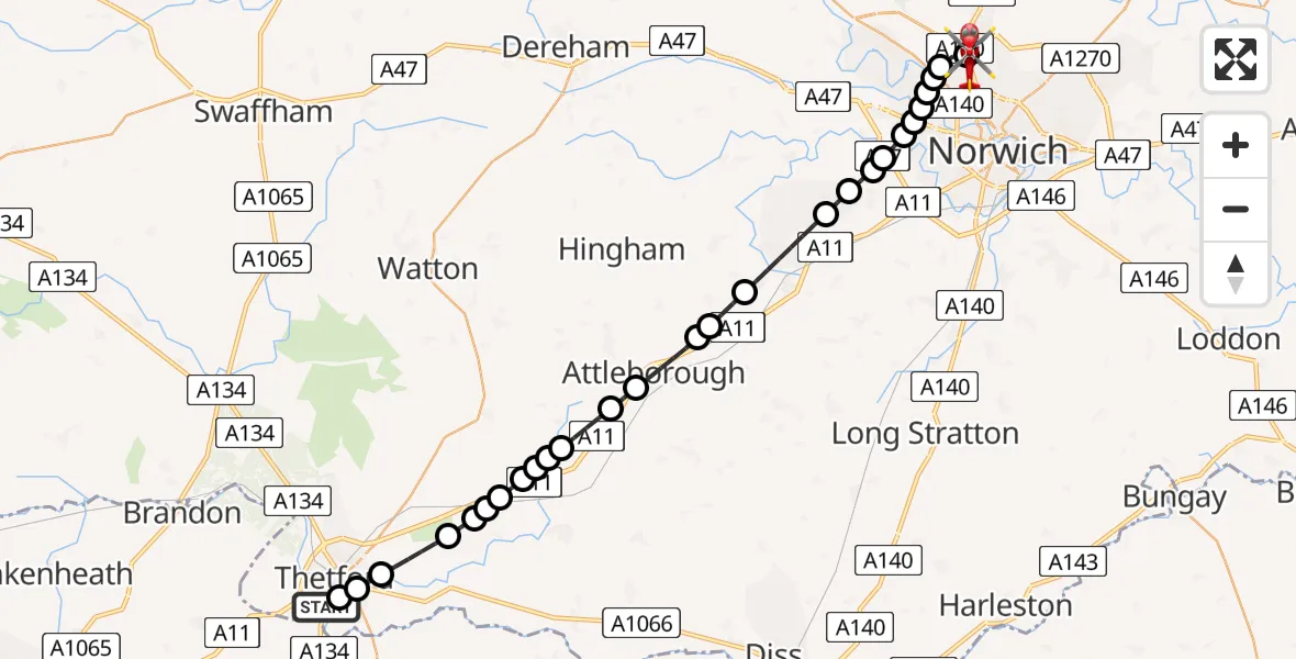 Flight route Air Ambulance Helicopter Thetford - Norwich Airport, 26 August 2026, 20:13