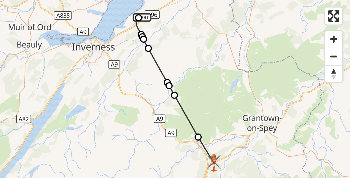 Flight route Coastguard Helicopter Inverness Airport - Dulnain Bridge, 26 August 2026, 20:39