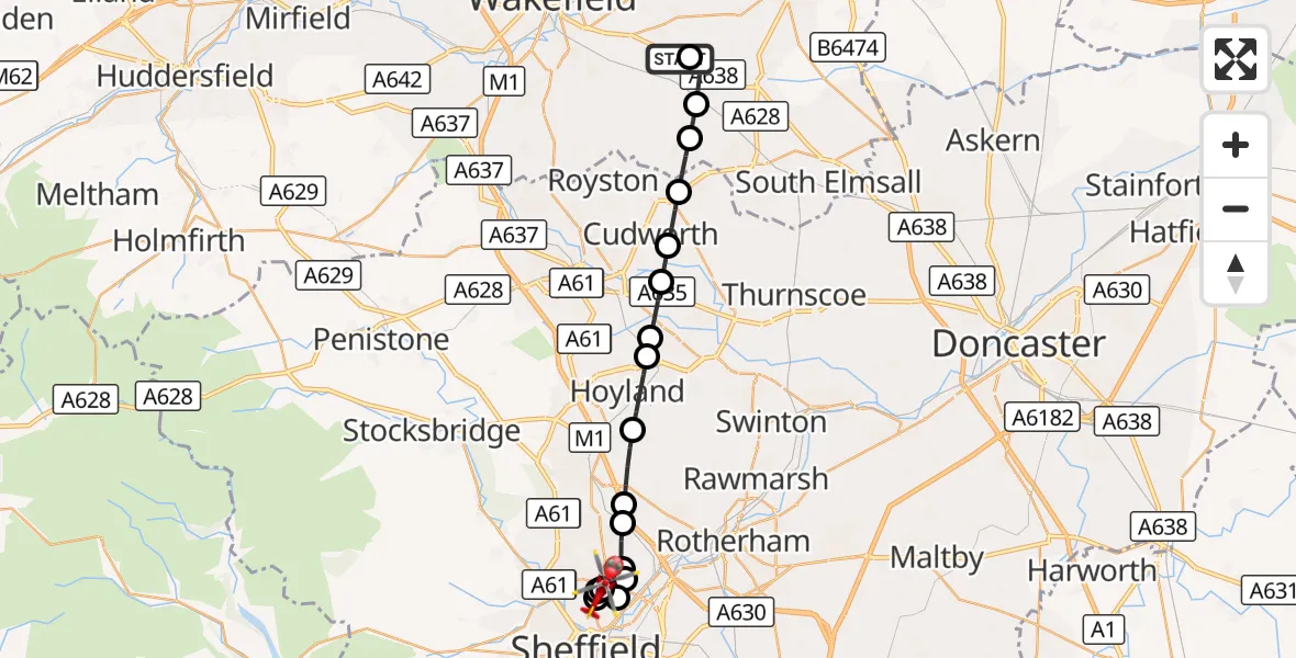 Flight route Air Ambulance Helicopter YAA Nostell Helicopter Port - Sheffield Northern Hospital, 26 August 2026, 20:49