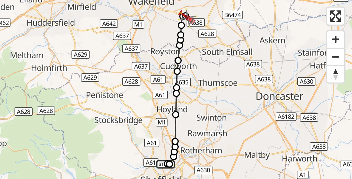 Flight route Air Ambulance Helicopter Sheffield Northern Hospital - YAA Nostell Helicopter Port, 26 August 2026, 21:08
