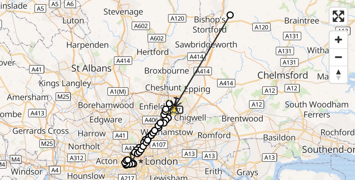 Flight route Police Helicopter Sewardstonebury - Metropolitan Police Air Support Unit Lippitts Hill, 26 August 2026, 21:35